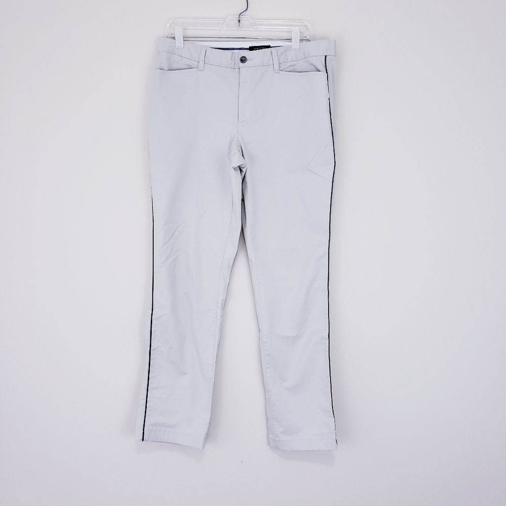 Lands End Khaki Chino Pants Size 12 Navy Blue Side Stripe Slim Leg Straight L